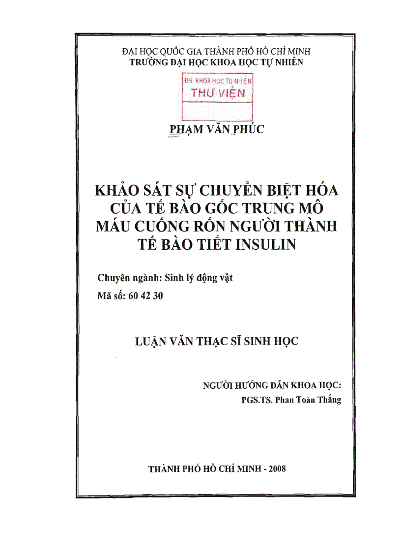 Khảo sát sự chuyển hóa của tế bào gốc trung mô máu cuống rốn người thành tế bào tiết insulin