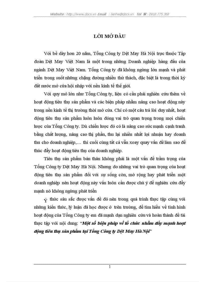 Một số biện pháp về tổ chức nhằm đẩy mạnh hoạt động tiêu thụ sản phẩm tại Tổng Công ty Dệt May Hà Nội