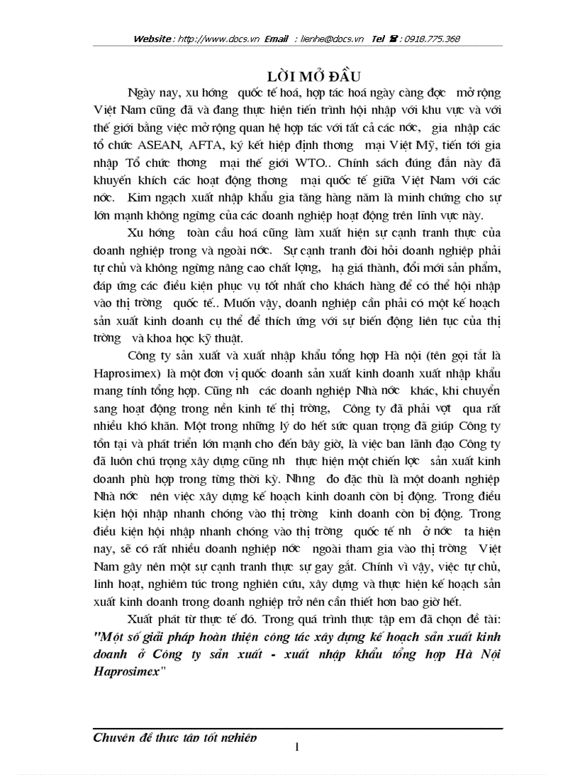 Một số giải pháp hoàn thiện công tác xây dựng kế hoạch sản xuất kinh doanh ở Công ty sản xuất xuất nhập khẩu tổng hợp Hà Nội Haprosimex