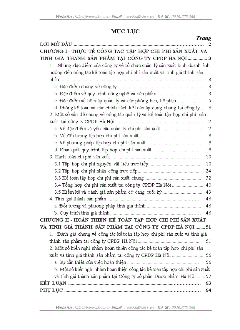 Hoàn thiện công tác kế toán tập hợp chi phí sản xuất và tính giá thành sản phẩm tại công ty CPDP Hà Nội