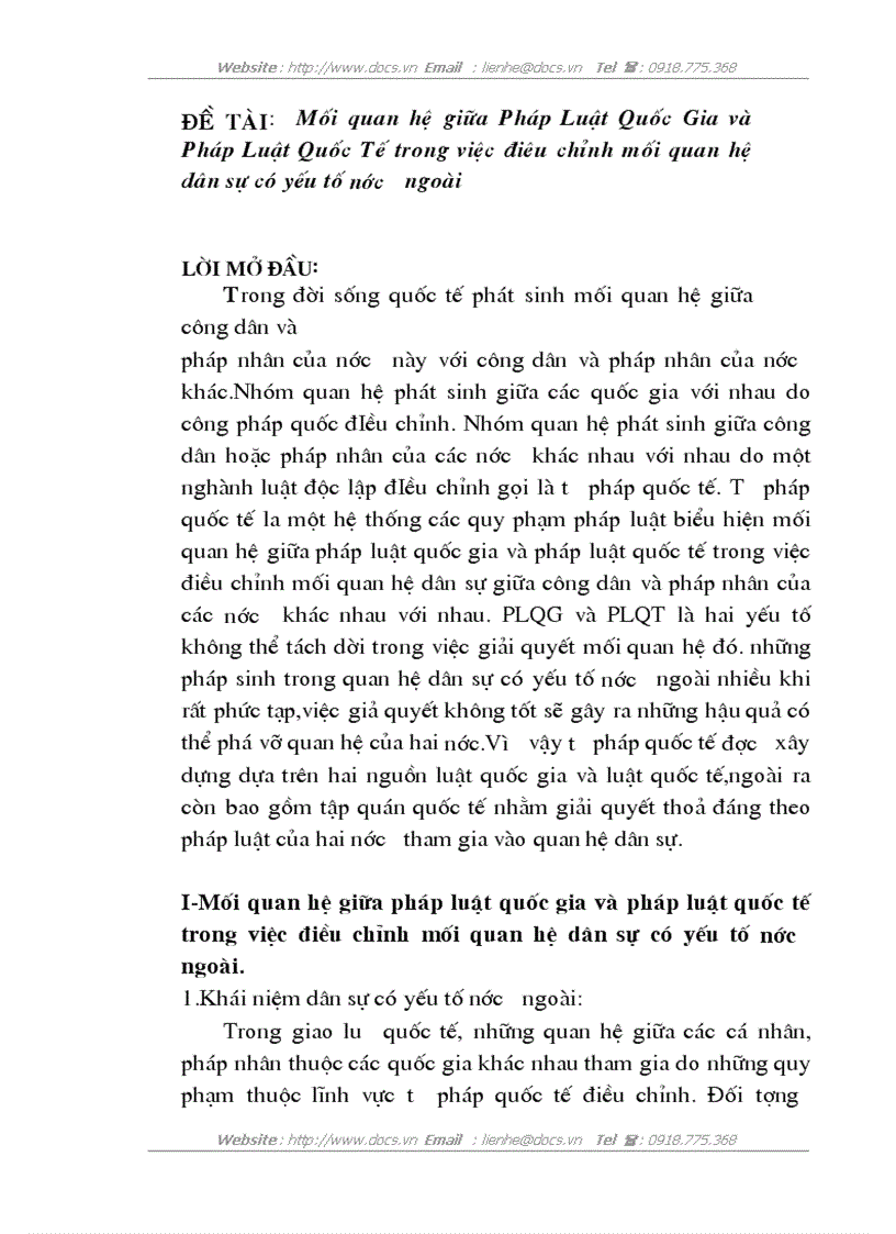 Mối quan hệ giữa Pháp Luật Quốc Gia và Pháp Luật Quốc Tế trong việc điêu chỉnh mối quan hệ dân sự có yếu tố nước ngoài