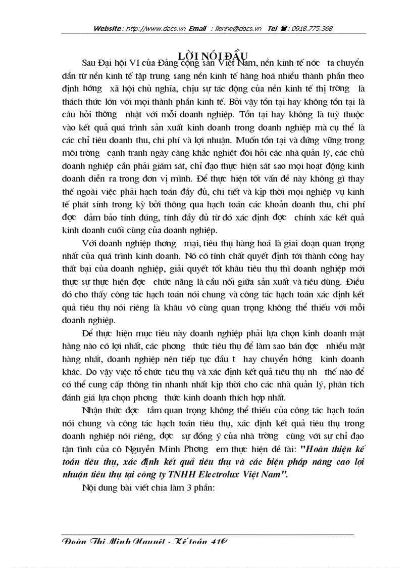 Hoàn thiện kế toán tiêu thụ xác định kết quả tiêu thụ và các biện pháp nâng cao lợi nhuận tiêu thụ tại công ty TNHH Electrolux Việt Nam