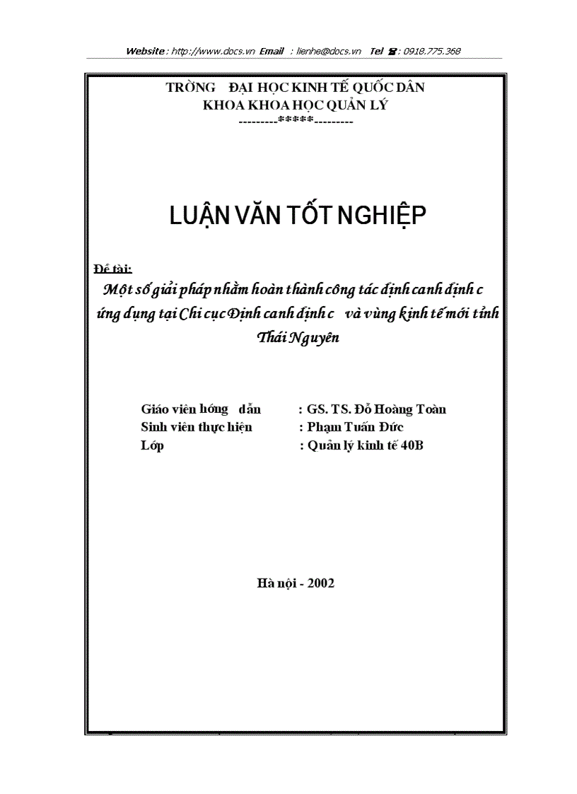 Một số giải pháp nhằm hoàn thành công tác định canh định cư ứng dụng tại Chi cục Định canh định cư và vùng kinh tế mới tỉnh Thái Nguyên