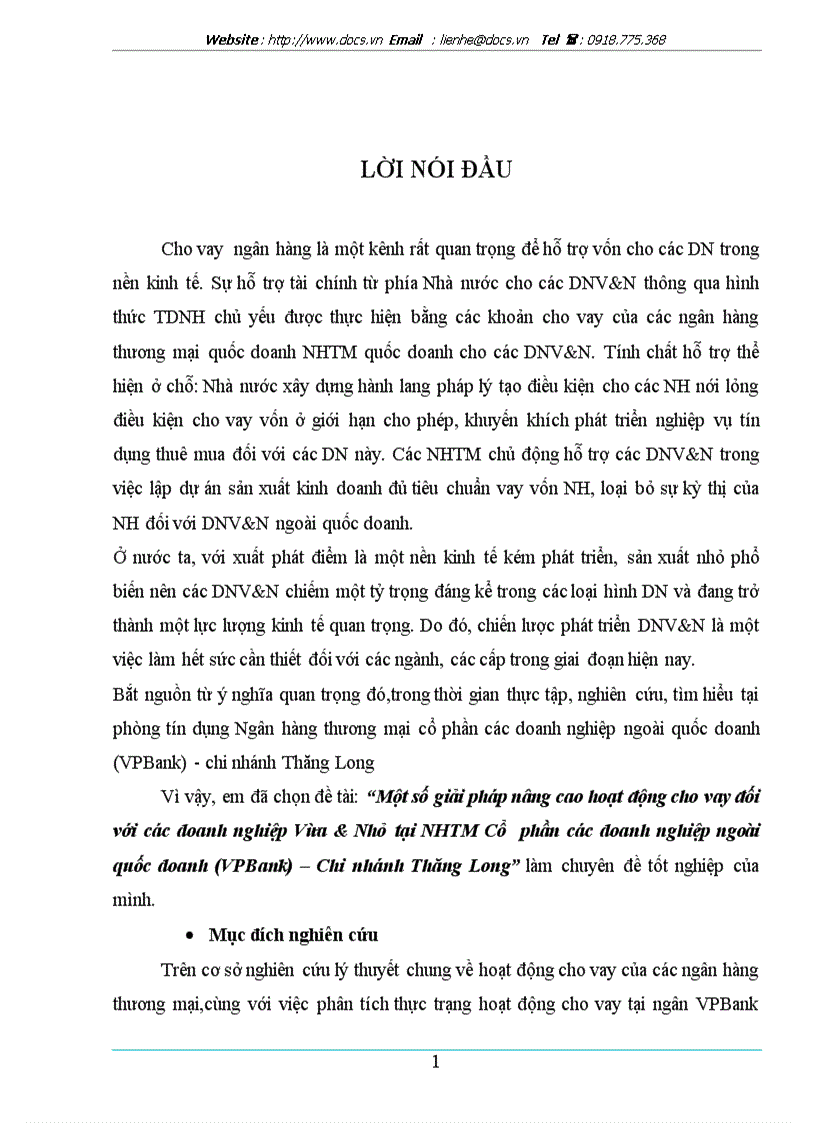 1số giải pháp nâng cao hoạt động cho vay đối với các Doanh nghiệp vừa và nhỏ tại ngânhàng NHTMCP các Doanh nghiệp Ngoài Quốc doanh VPBank Chi nhá
