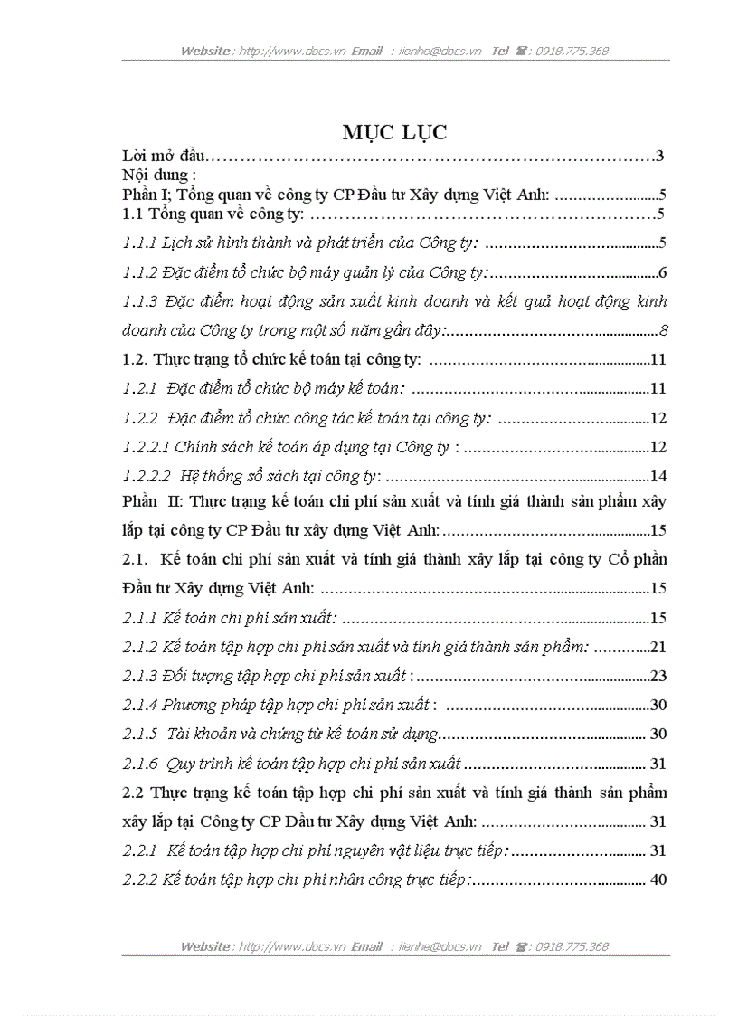 Kế toán chi phí và tính giá thành sản phẩm xây lắp tại công ty cổ phần đầu tư và xây dựng Việt Anh