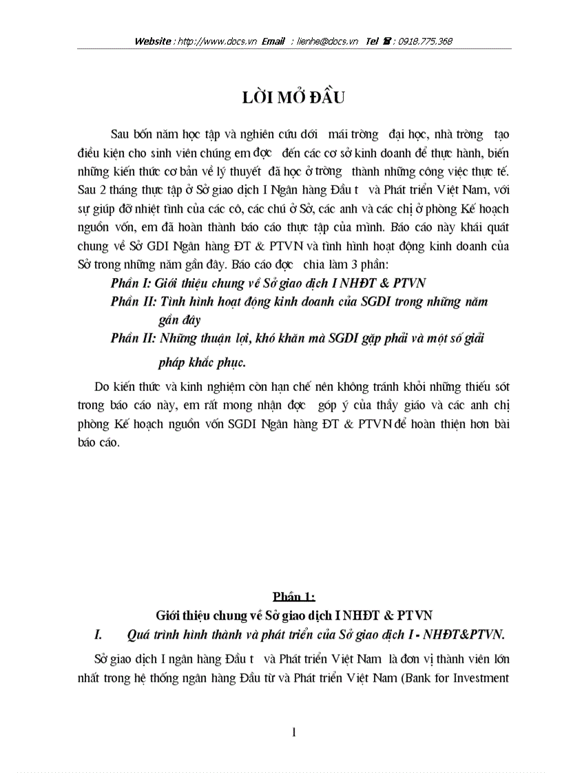 Khái quát chung về Sở giao dịch I Ngân hàng ĐT PTVN và tình hình hoạt động kinh doanh của Sở trong những năm gần đây