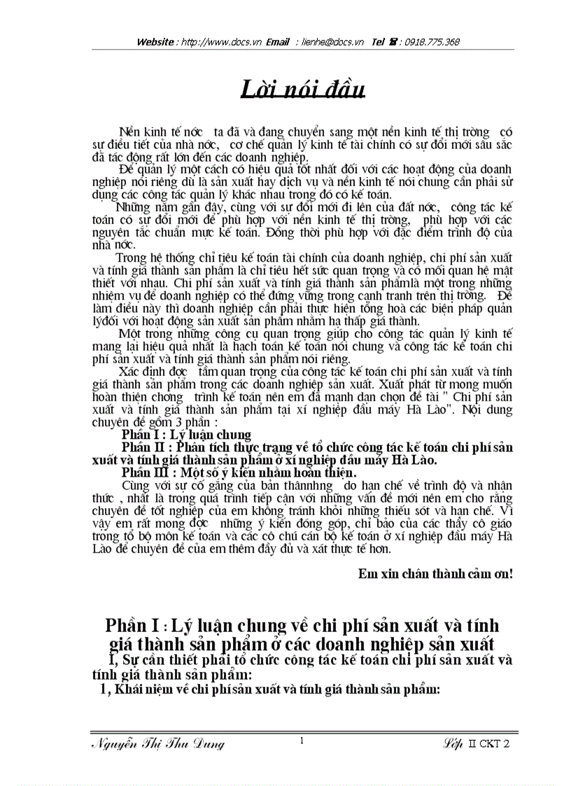 Thực trạng về tổ chức công tác kế toán chi phí sản xuất và tính giá thành sản phẩm ở xí nghiệp đầu máy Hà Lào