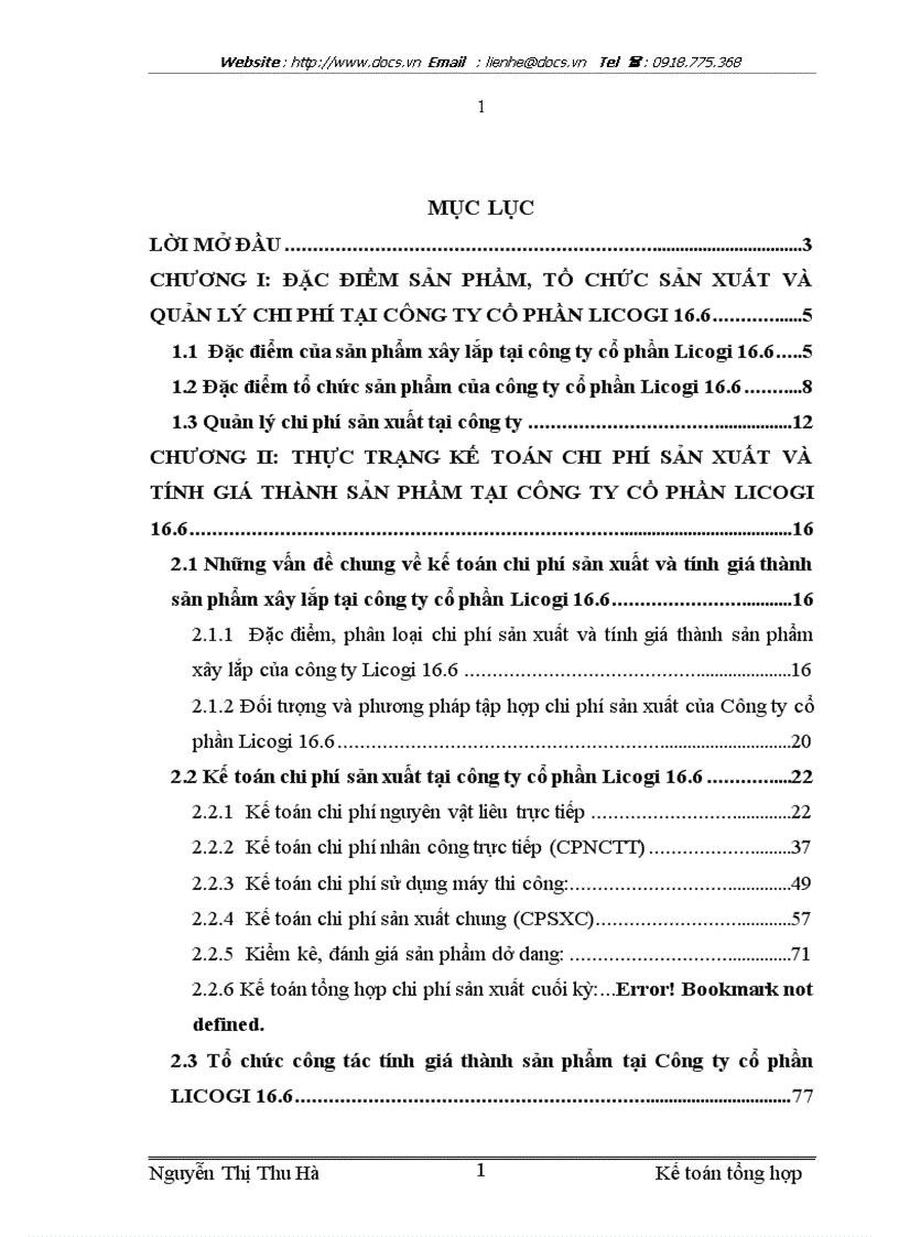 Tổ chức cụng tỏc kế toỏn tập hợp chi phớ sản xuất và tớnh giỏ thành sản phẩm tại Cụng ty cổ phần LICOGI 16 6