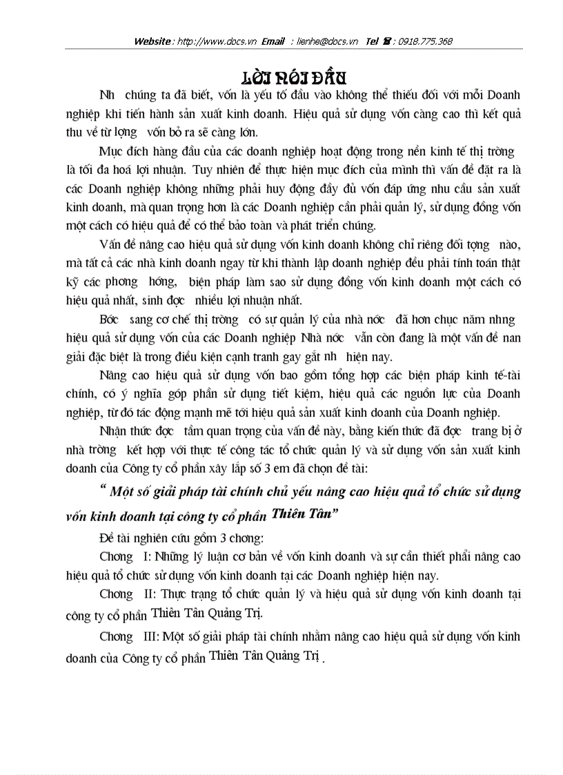 Một số giải pháp tài chính chủ yếu nâng cao hiệu quả tổ chức sử dụng vốn kinh doanh tại công ty cổ phần Thiên Tân