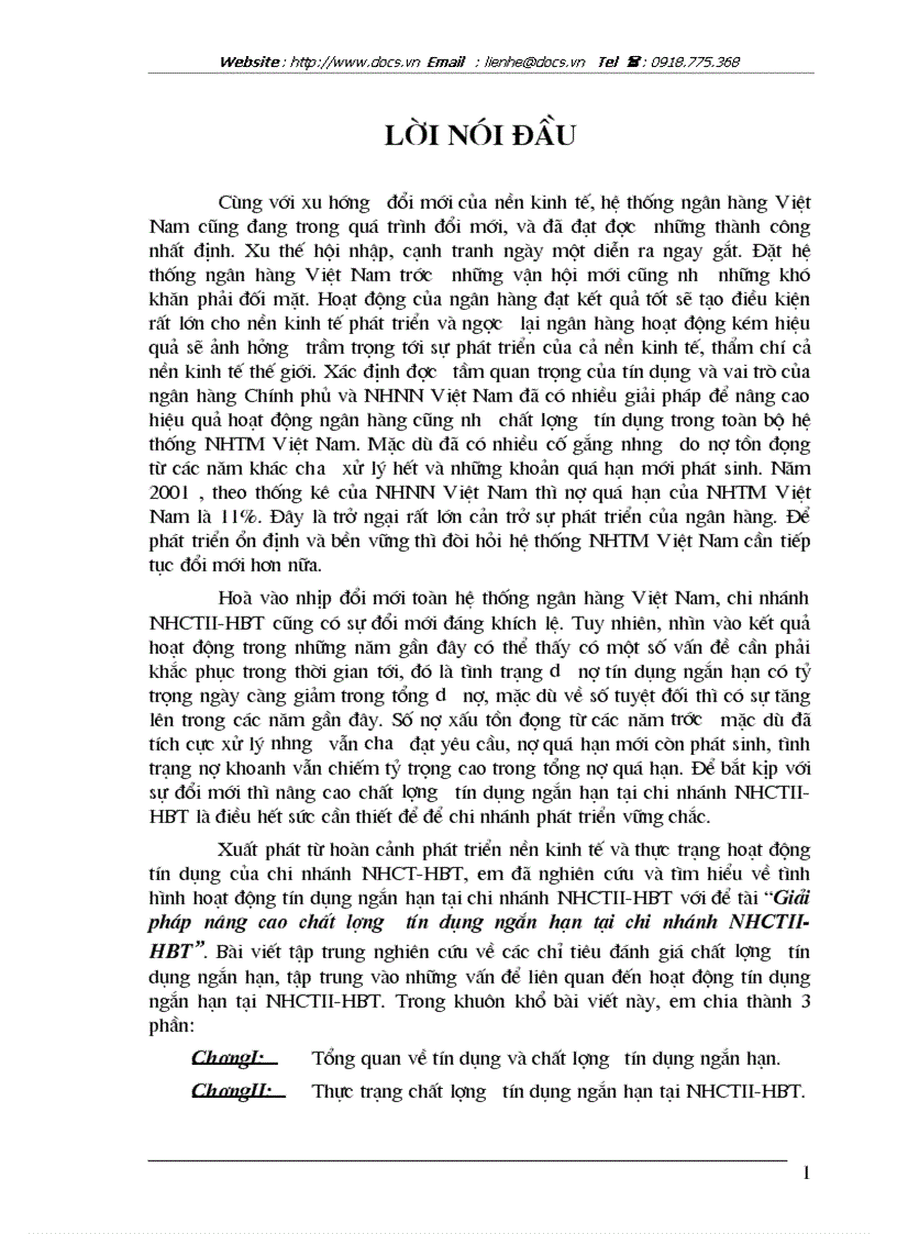 Giải pháp nâng cao chất lượng tín dụng ngắn hạn tại chi nhánh NHCTII HBT