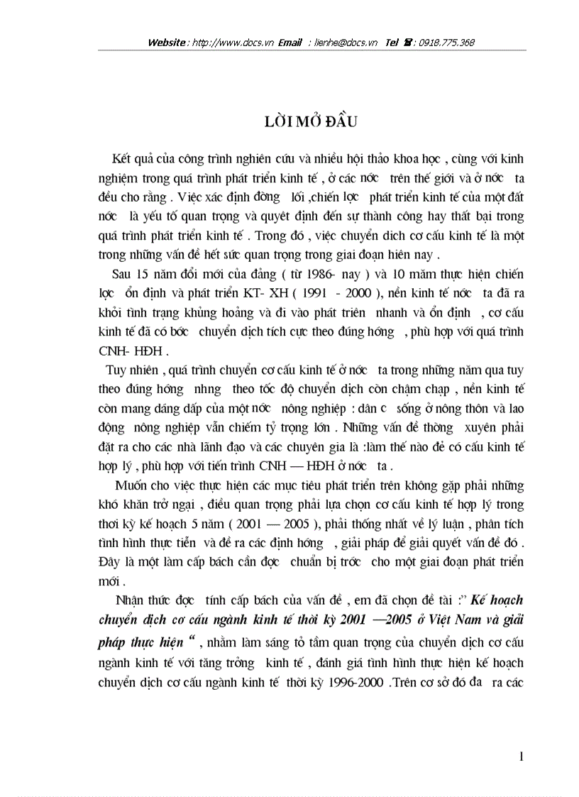 Kế hoạch chuyển dịch cơ cấu ngành kinh tế thời kỳ 2001 2005 ở Việt Nam và giải pháp thực hiện