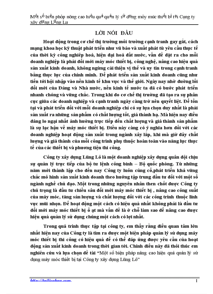Một sô biện pháp năng cao hiệu quả quản lý sử dụng máy móc thiết bị của công ty xây dựng lũng lô