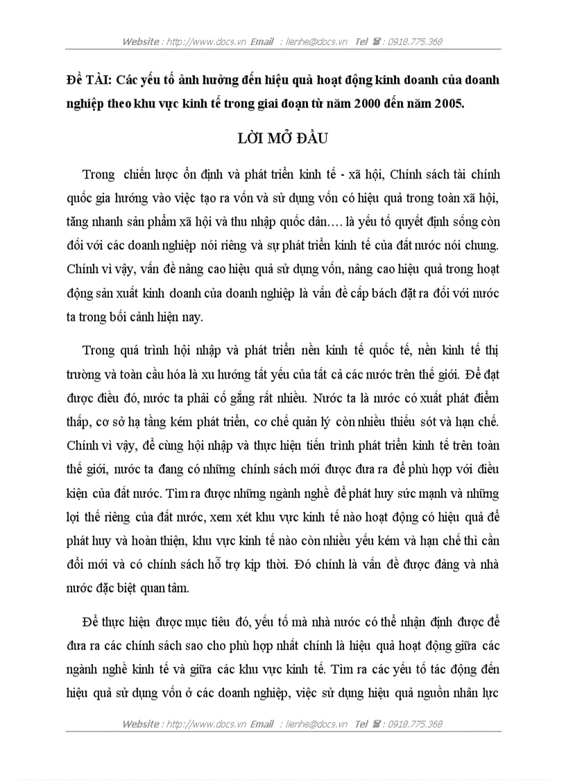 Các yếu tố ảnh hưởng đến hiệu quả hoạt động kinh doanh của doanh nghiệp theo khu vực kinh tế trong giai đoạn từ năm 2000 đến năm 2005