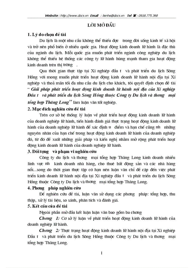 Giải pháp phát triển hoạt động kinh doanh lữ hành nội địa của Xí nghiệp Đầu tư và phát triển du lịch Sông Hồng thuộc Công ty Du lịch và thương mại