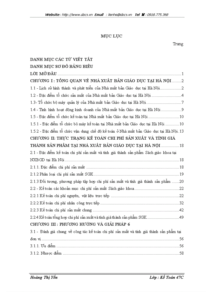 Hoàn thiện kế toán chi phí sản xuất và tính giá thành sản phẩm tại Nhà xuất bản Giáo dục tại Hà Nội