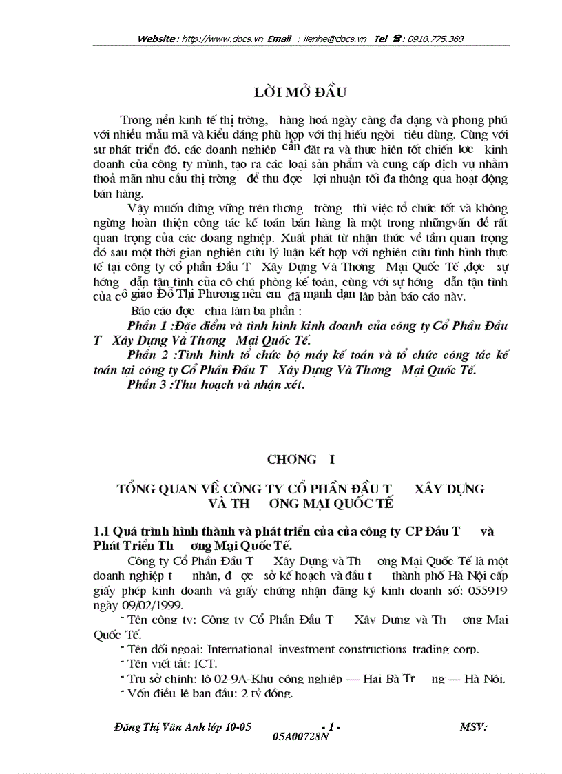 Báo cáo Tại Công ty CP Đầu Tư Xây Dựng và Thương Mại Quốc Tế lt KT gt
