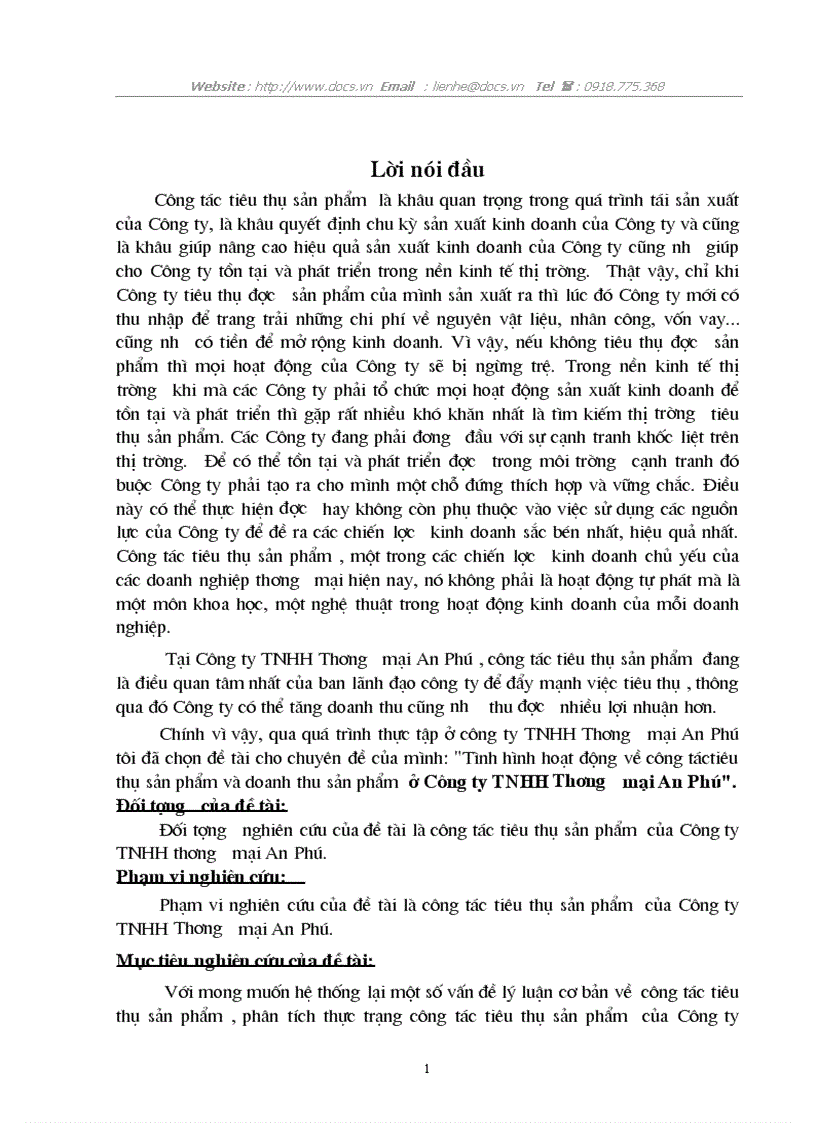 Tình hình hoạt động về công táctiêu thụ sản phẩm và doanh thu sản phẩm ở Công ty TNHH Thương mại An Phú