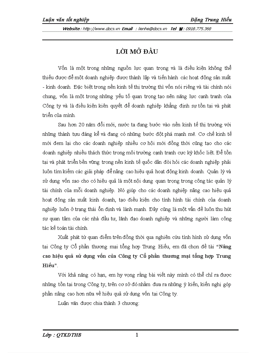 Nâng cao hiệu quả sử dụng vốn của Công ty Cổ phần thương mại tổng hợp Trung Hiếu