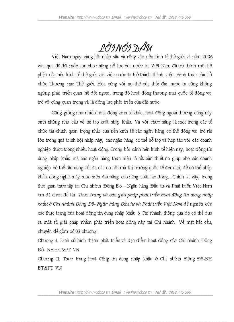 Thực trạng và các giải pháp phát triển hoạt động tín dụng nhập khẩu ở Chi nhánh Đông Đô Ngân hàng Đầu tư và Phát triển Việt Nam