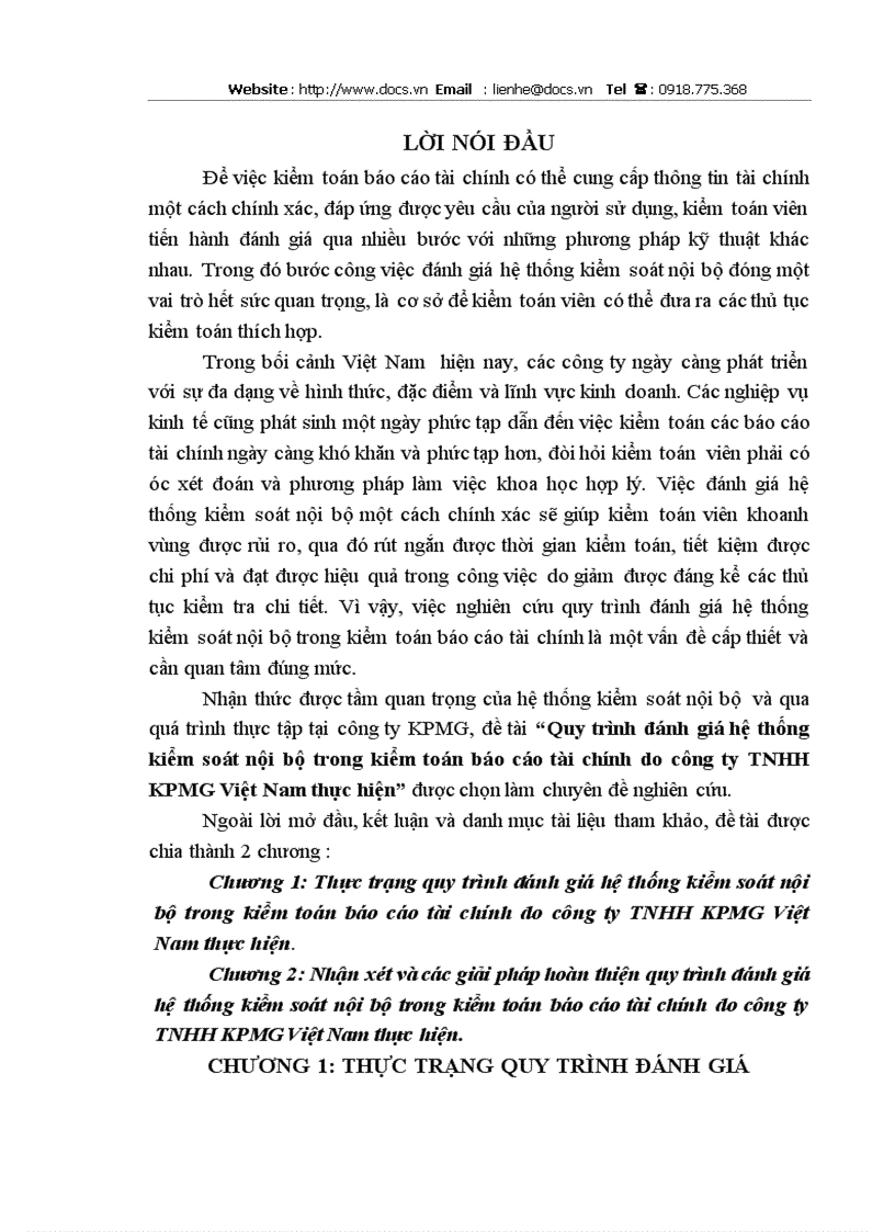Quy trình đánh giá hệ thống kiểm soát nội bộ trong kiểm toán báo cáo tài chính do công ty TNHH KPMG Việt Nam thực hiện