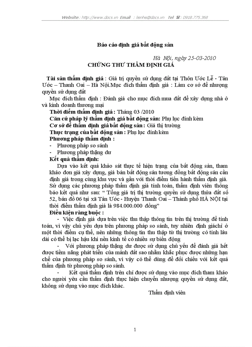 Báo cáo định giá bất động sản