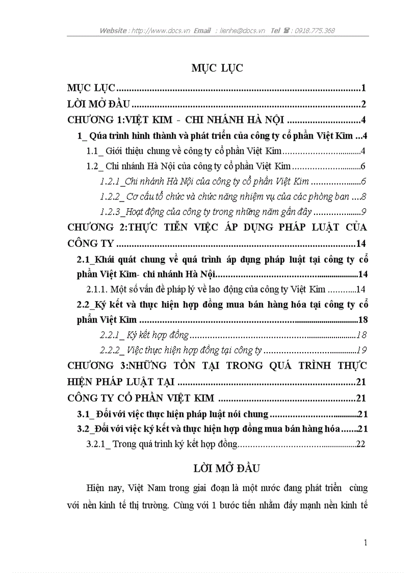 Thực tiễn giao kết và thực hiện hợp đồng mua bán hàng hóa tại công ty cổ phần Việt Kim chi nhánh Hà Nội