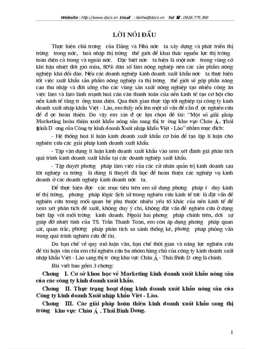 Một số giải pháp Marketing hoàn thiện xuất khẩu nông sản sang thị trường khu vực Châu á Thái Bình Dương của Công ty kinh doanh Xuất nhập khẩu Việt