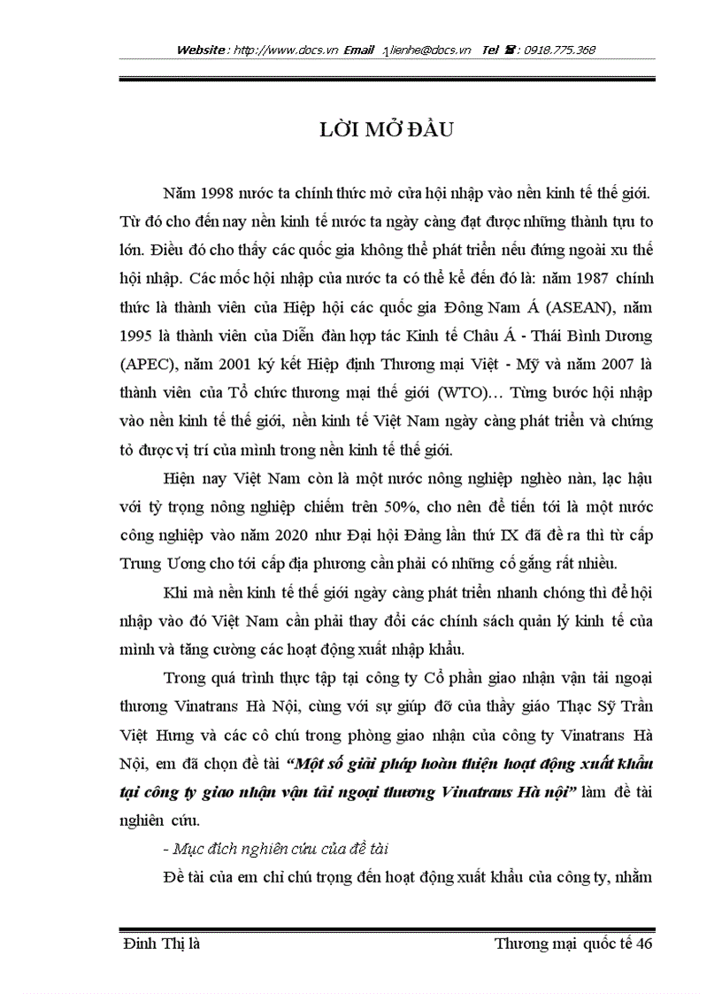 Một số giải pháp hoàn thiện hoạt động xuất khẩu tại công ty giao nhận vận tải ngoại thương Vinatrans Hà nội