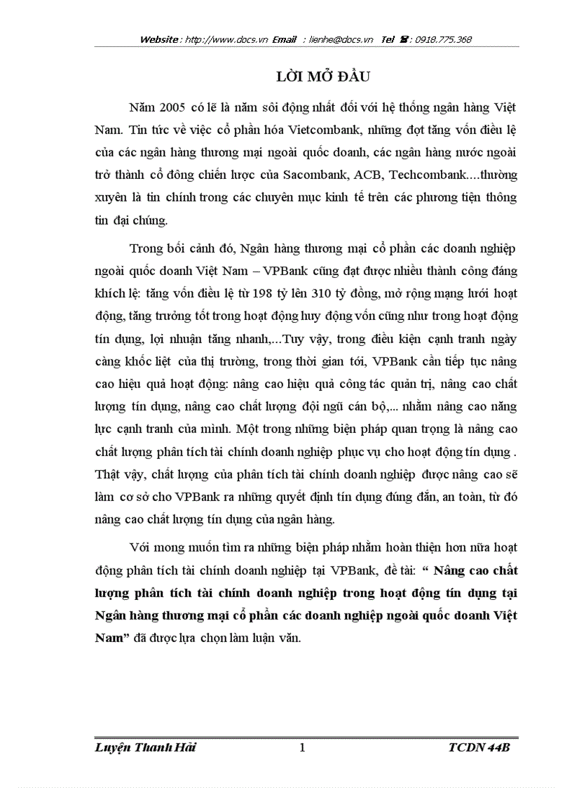 Nâng cao chất lượng phân tích tài chính doanh nghiệp trong hoạt động tín dụng tại Ngân hàng thương mại cổ phần các doanh nghiệp ngoài quốc doanh Việt