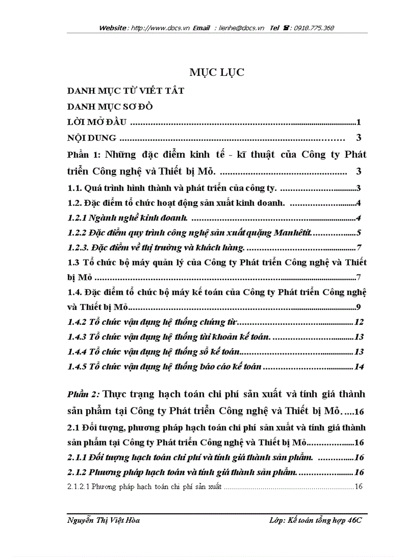 Hạch toán chi phí sản xuất và tính giá thành sản phẩm tại Công ty Phát triển Công nghệ và Thiết bị Mỏ