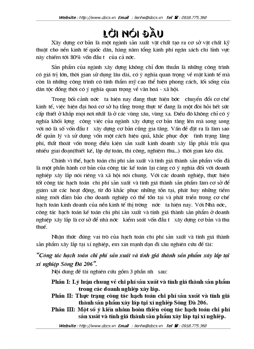 Công tác hạch toán chi phí sản xuất và tính giá thành sản phẩm xây lắp tại xí nghiệp Sông Đà 206