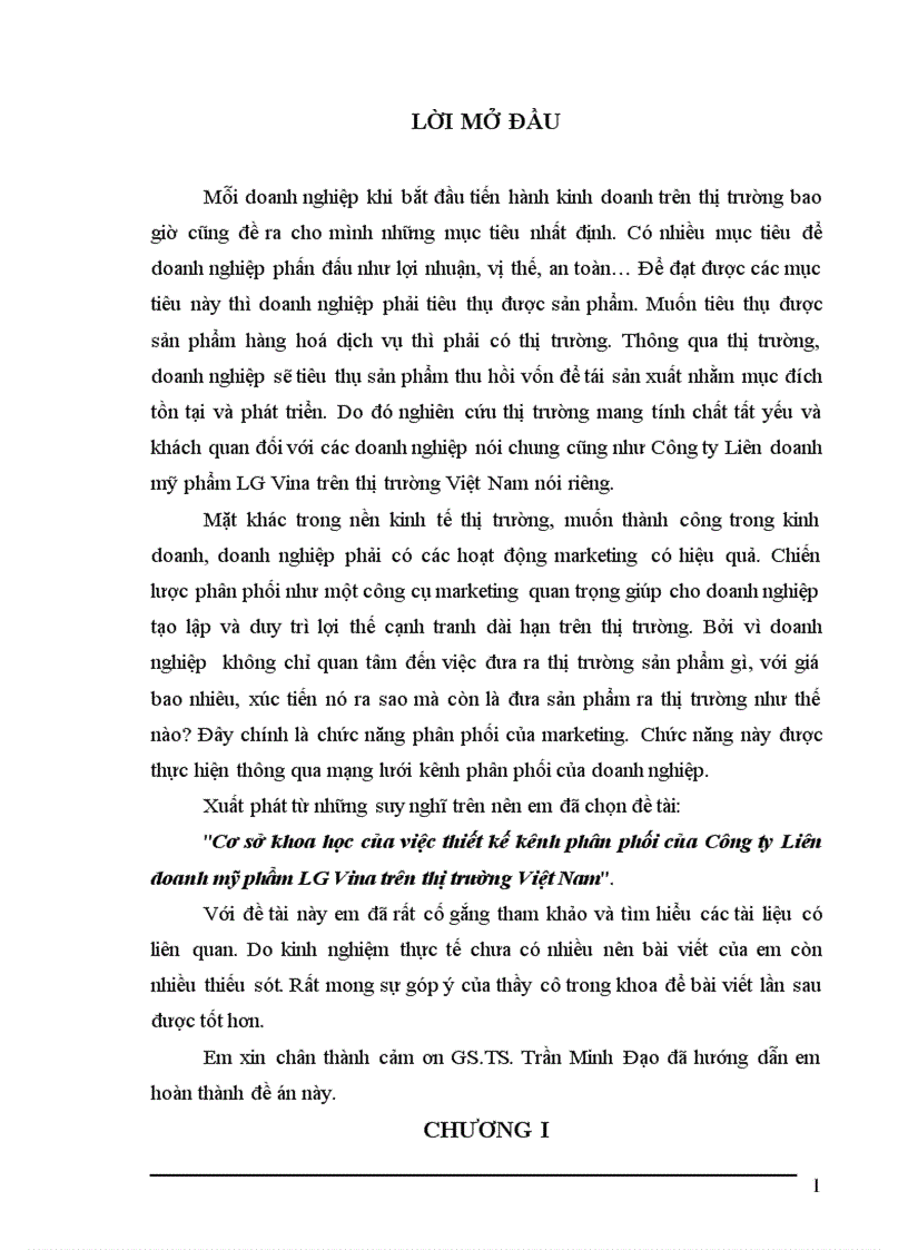 Cơ sở khoa học của việc thiết kế kênh phân phối của Công ty Liên doanh mỹ phẩm LG Vina trên thị trường Việt Nam