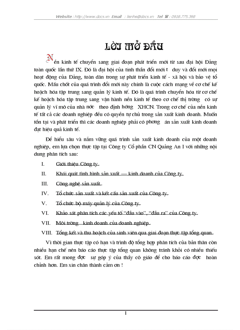Báo cáo thực tập tại Công ty CP Chi nhánh Quảng An 1 Tổng quan