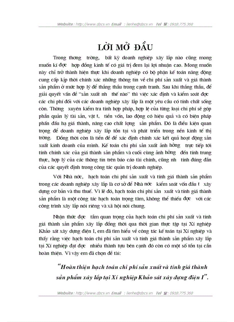 Hoàn thiện hạch toán chi phí sản xuất và tính giá thành sản phẩm xây lắp tại Xí nghiệp Khảo sát xây dựng điện I