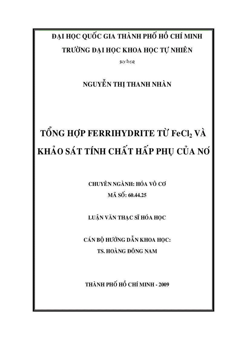TỔNG HỢP FERRIHYDRITE TỪ FeCL2 VÀ KHẢO SÁT TÍNH CHẤT HẤP PHỤ CỦA NÓ