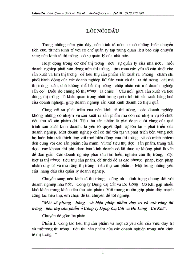 1số phương hướng và biện pháp nhằm duy trì và mở rộng thị trường tiêu thụ sản phẩm ở Công ty Dụng cụ cắt và đo lường cơ khí