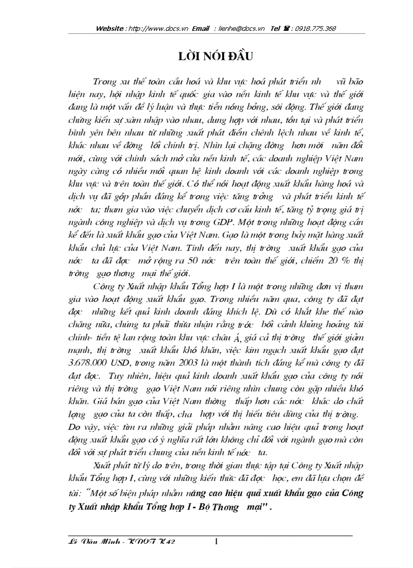 1số biện pháp nhằm nâng cao hiệu quả xuất khẩu gạo của Công ty XNK Tổng hợp 1 Bộ Thương mại