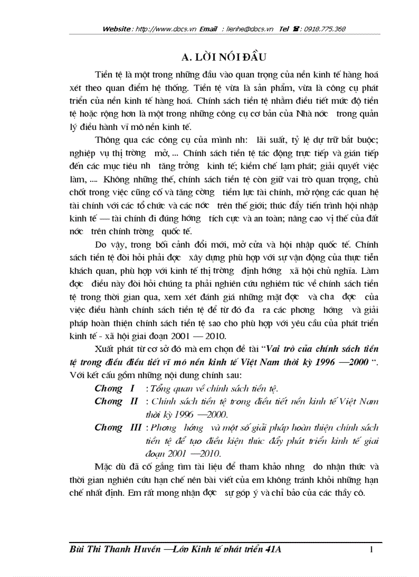 Vai trò của chính sách tiền tệ trong điều điều tiết vĩ mô nền kinh tế Việt Nam thời kỳ 1996 2000