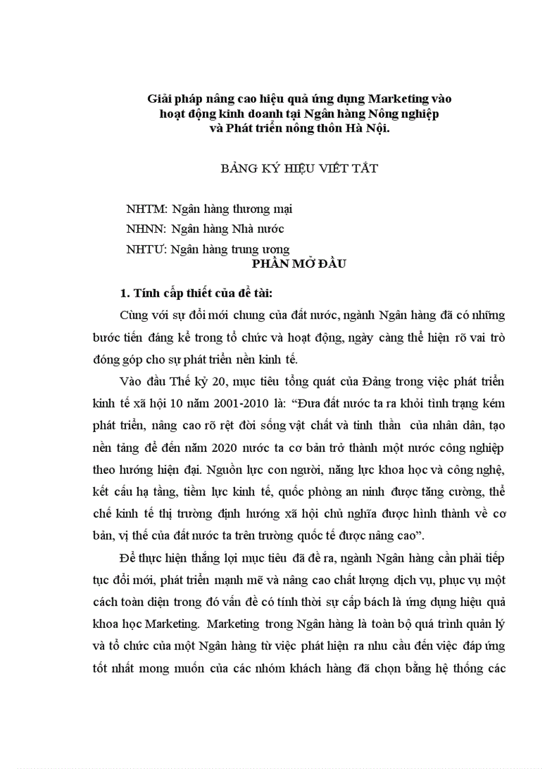 Giải pháp nâng cao hiệu quả ứng dụng Marketing vào hoạt động kinh doanh tại Ngân hàng Nông nghiệp và Phát triển nông thôn Hà Nội