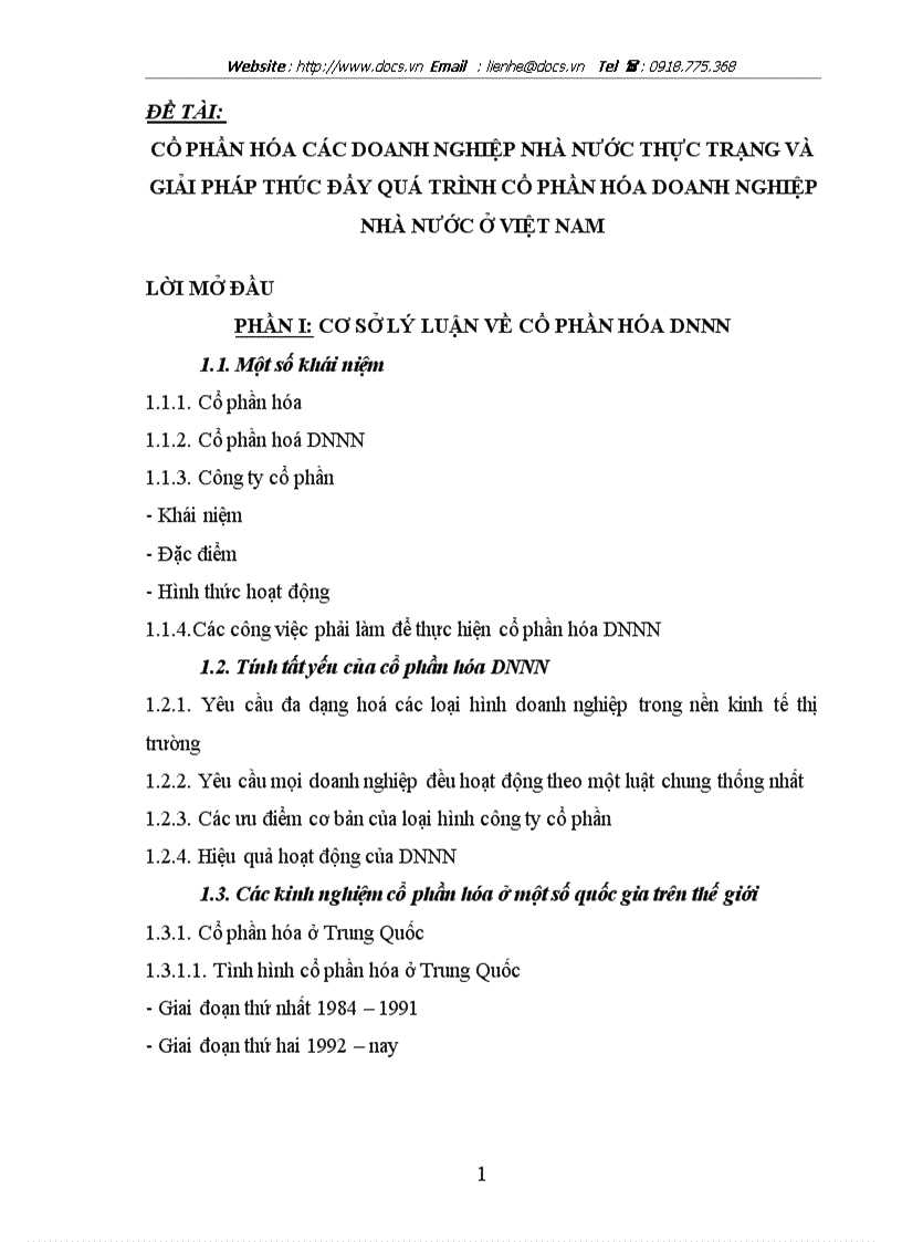 Cổ phần hoá các Doanh nghiệp nhà nước thực trạng và giải pháp thúc đẩy quá trình Cổ phần hoá Doanh nghiệp nhà nước ở việt nam