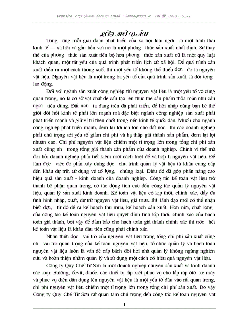 Hoàn thiện công tác kế toán nguyên vật liệu tại Công ty Quy Chế Từ Sơn và các biện pháp nâng cao hiệu quả sử dụng nguyên vật liệu
