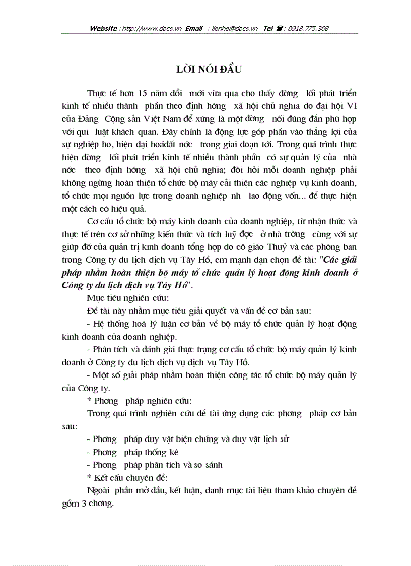 Các giải pháp nhằm hoàn thiện bộ máy tổ chức quản lý hoạt động kinh doanh ở Công ty du lịch dịch vụ Tây Hồ