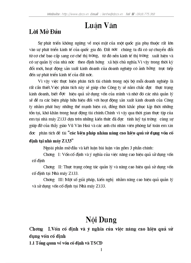 Các biện pháp nhằm nâng cao hiệu quả sử dụng vốn cố định tại nhà máy Z133