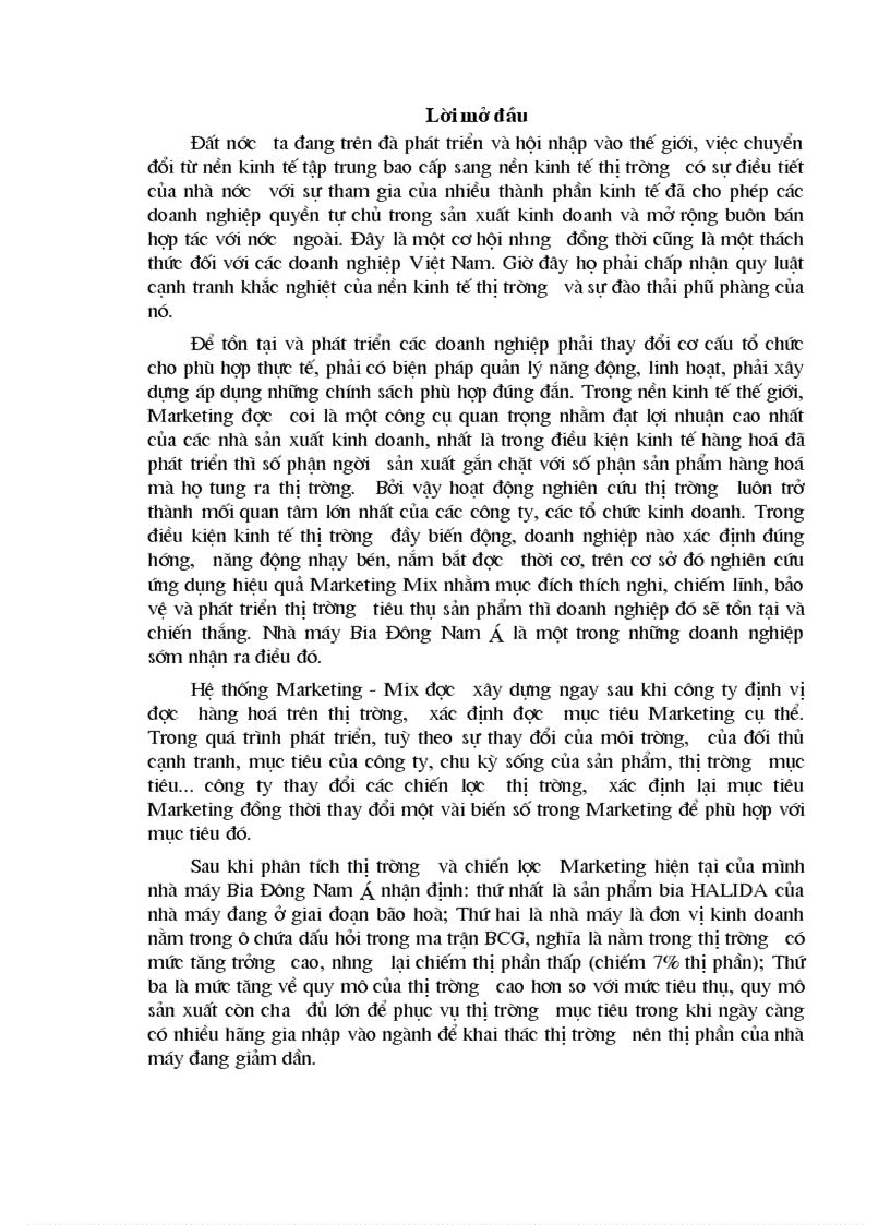 Một vài giải pháp ứng dụng Marketing Mix vào hoạt động phát triển thị trường tiêu thụ sản phẩm HALIDA của nhà máy bia Đông Nam á