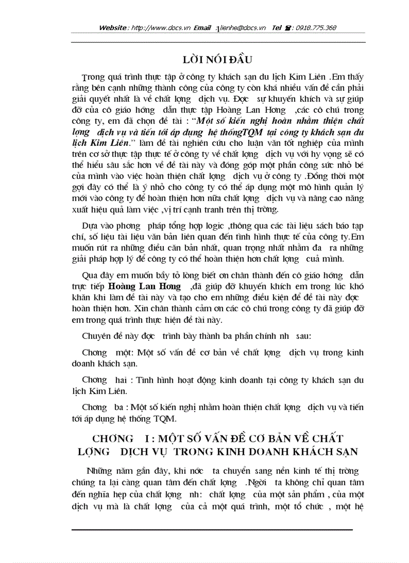 Một số kiến nghị hoàn nhằm thiện chất lượng dịch vụ và tiến tới áp dụng hệ thốngTQM tại công ty khách sạn du lịch Kim Liên