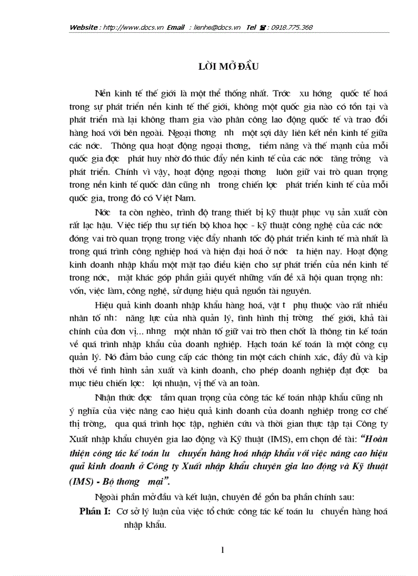 Kế toán lưu chuyển hàng hoá nhập khẩu với việc nâng cao hiệu quả kinh doanh ở Công ty XNK chuyên gia lao động và Kỹ thuật IMS BTM