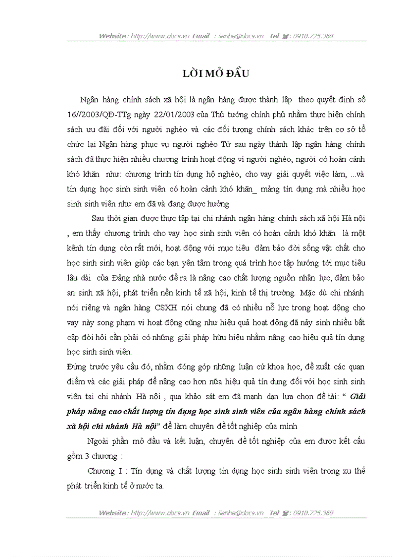 Giải pháp nâng cao chất lượng tín dụng học sinh sinh viên của ngân hàng chính sách xã hội chi nhánh Hà nội