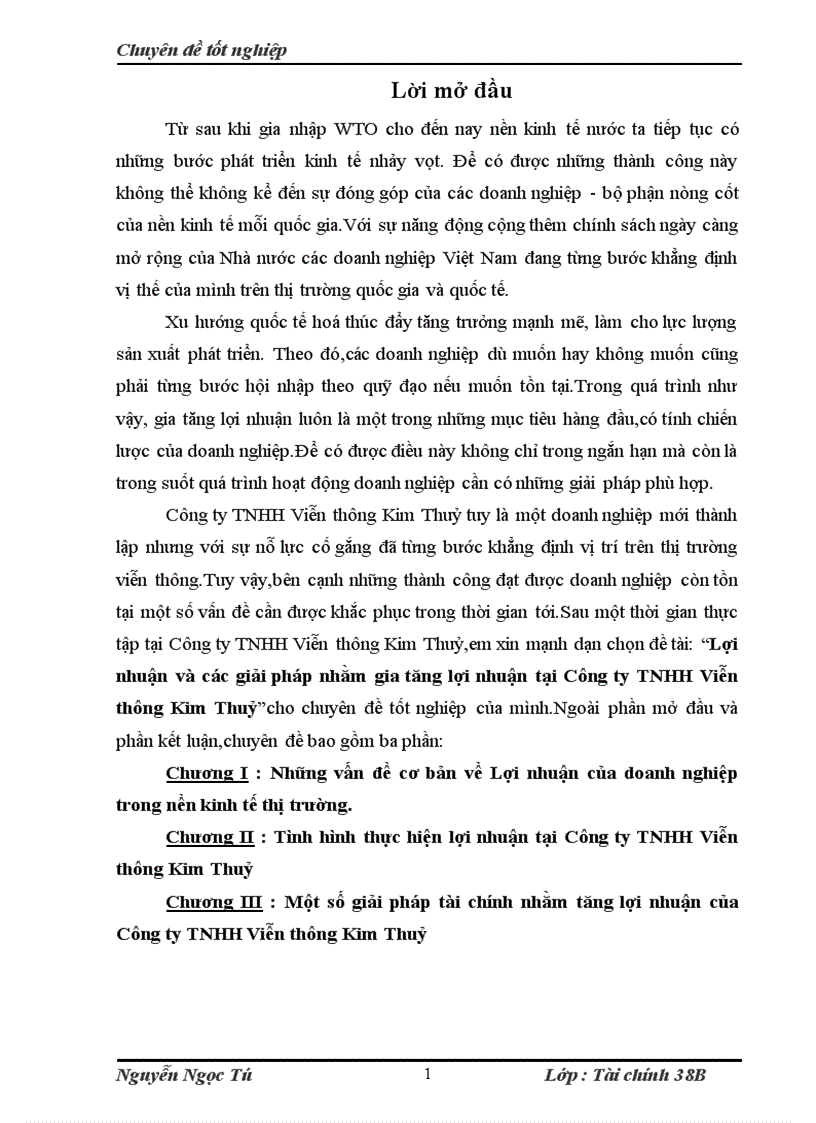 Lợi nhuận và các giải pháp nhằm gia tăng lợi nhuận tại Công ty TNHH Viễn thông Kim Thuỷ
