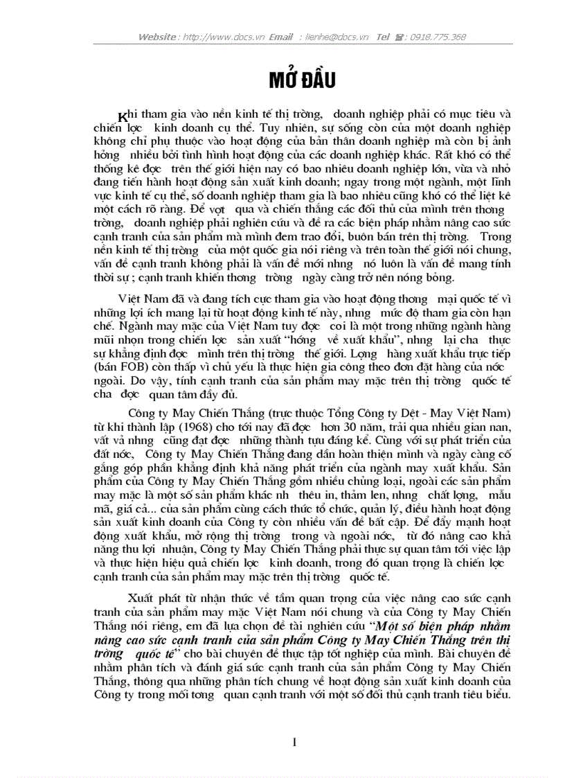 1số biện pháp nhằm nâng cao sức cạnh tranh của sản phẩm C ty May Chiến Thắng trên thị trường quốc tế