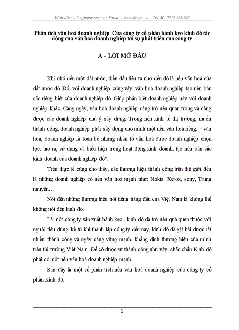 Phân tích văn hoá doanh nghiệp Của công ty cổ phần bánh kẹo kinh đô tác động của văn hoá doanh nghiệp tới sự phát triển của công ty